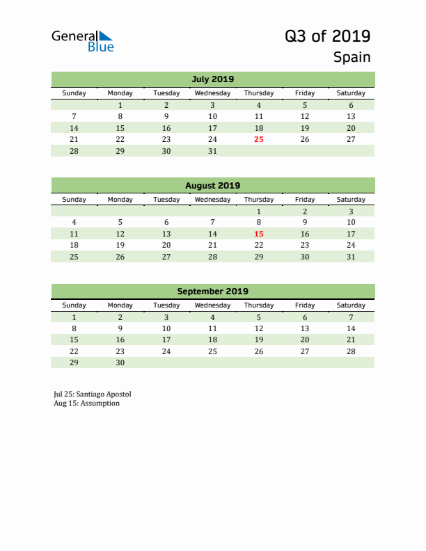 Quarterly Calendar 2019 with Spain Holidays