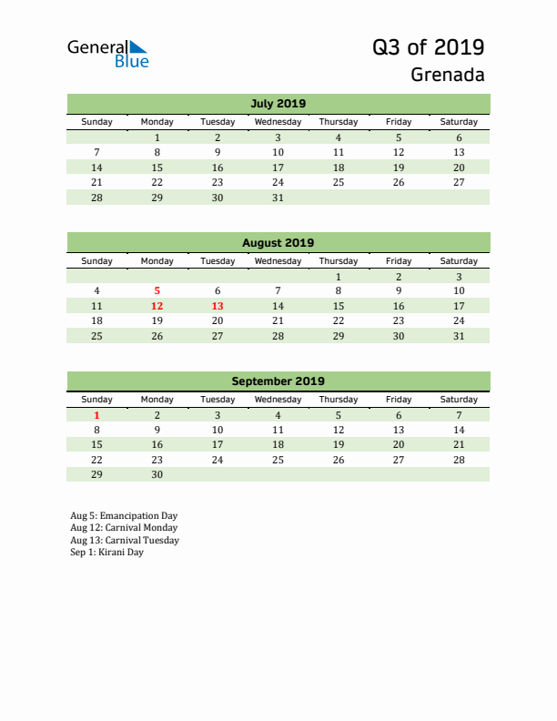 Quarterly Calendar 2019 with Grenada Holidays