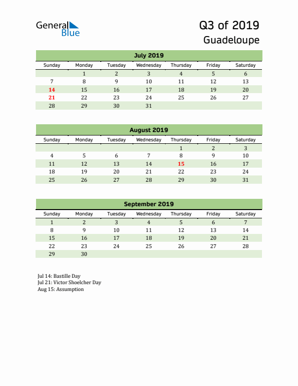 Quarterly Calendar 2019 with Guadeloupe Holidays