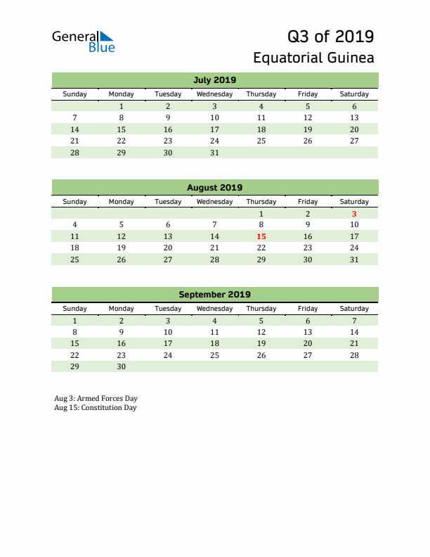 Quarterly Calendar 2019 with Equatorial Guinea Holidays