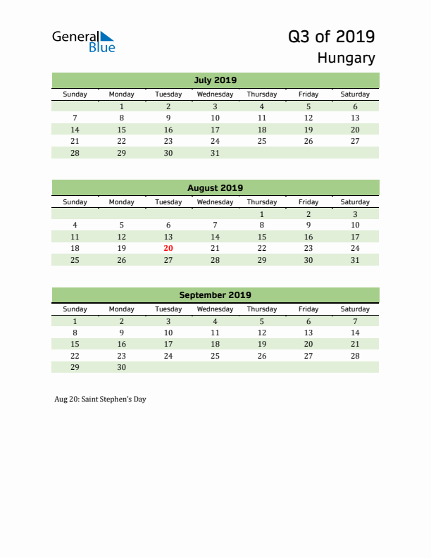 Quarterly Calendar 2019 with Hungary Holidays