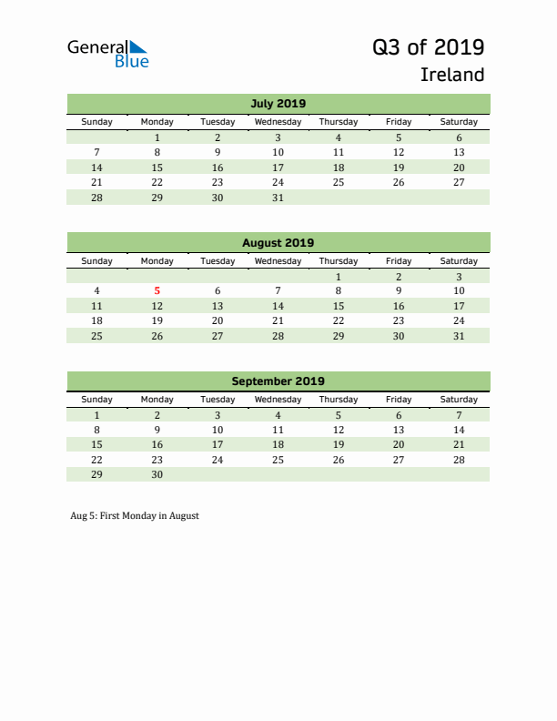 Quarterly Calendar 2019 with Ireland Holidays