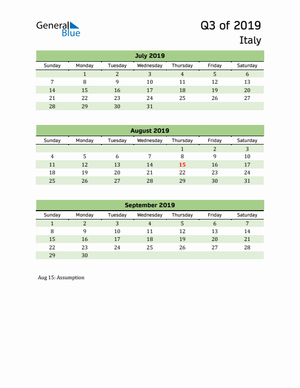 Quarterly Calendar 2019 with Italy Holidays