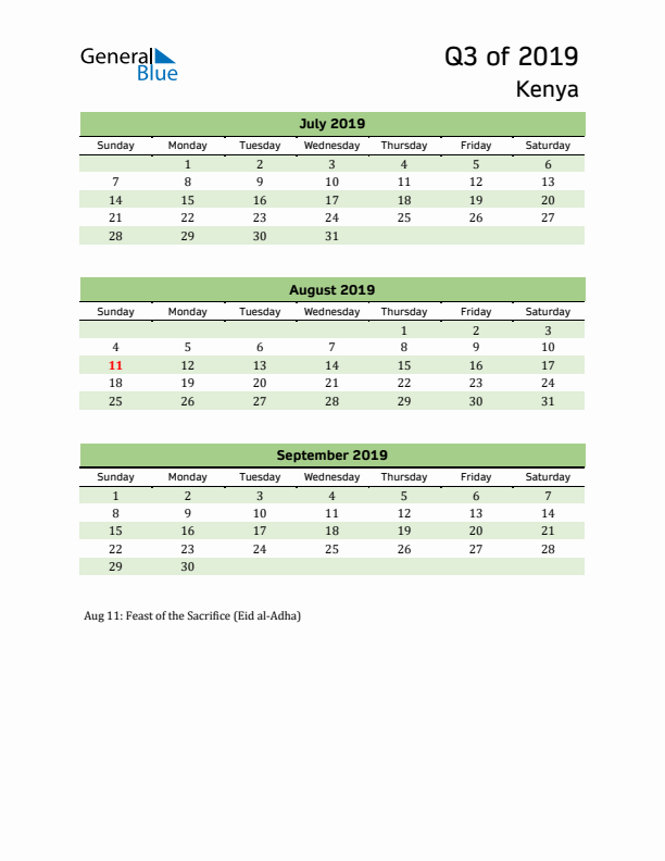 Quarterly Calendar 2019 with Kenya Holidays