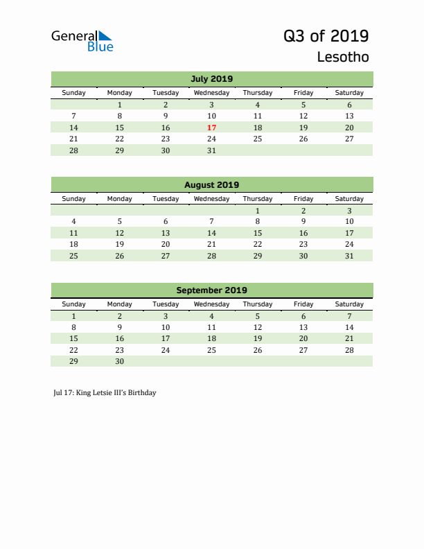 Quarterly Calendar 2019 with Lesotho Holidays