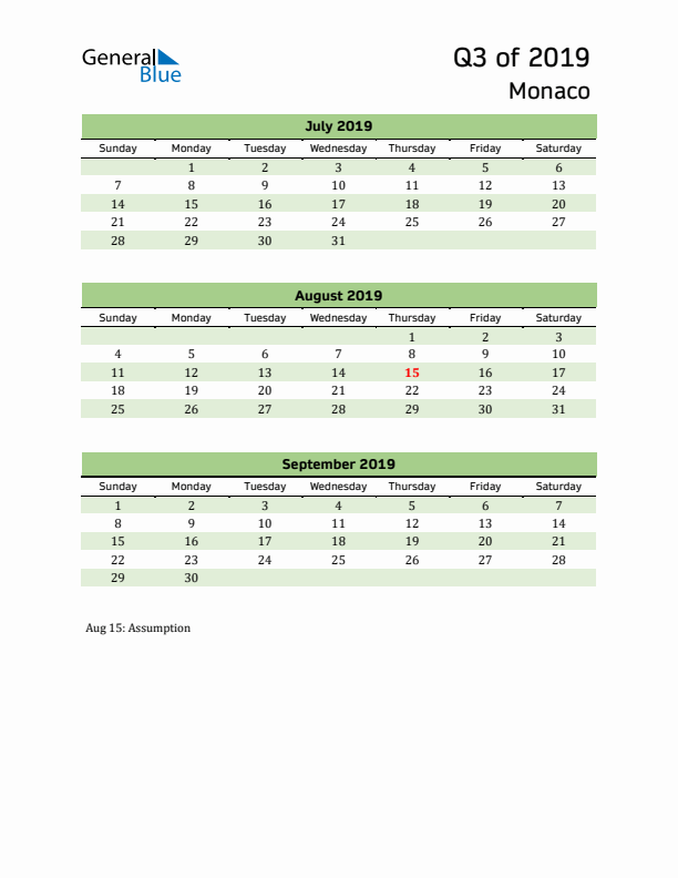 Quarterly Calendar 2019 with Monaco Holidays
