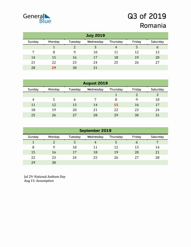 Quarterly Calendar 2019 with Romania Holidays