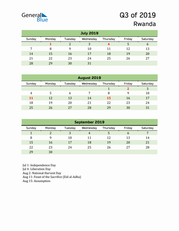 Quarterly Calendar 2019 with Rwanda Holidays