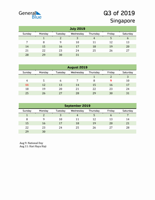 Quarterly Calendar 2019 with Singapore Holidays