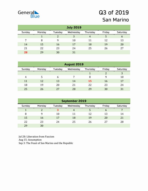 Quarterly Calendar 2019 with San Marino Holidays