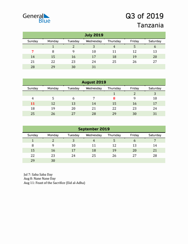 Quarterly Calendar 2019 with Tanzania Holidays