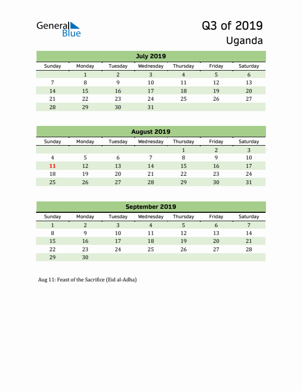 Quarterly Calendar 2019 with Uganda Holidays