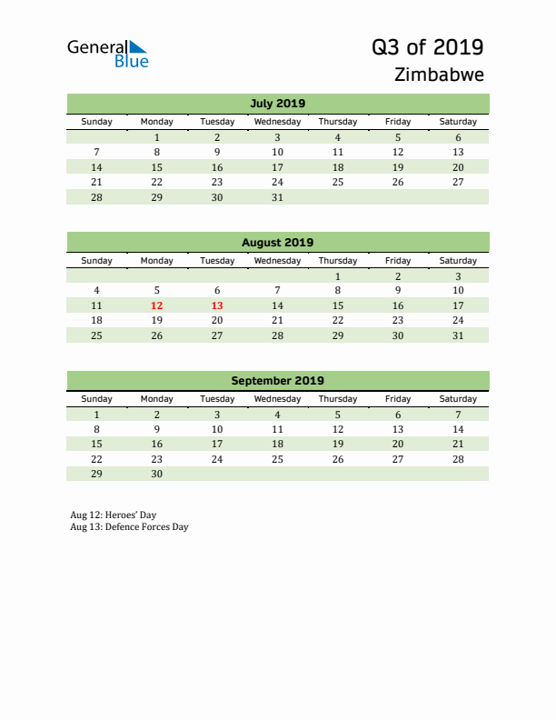 Quarterly Calendar 2019 with Zimbabwe Holidays