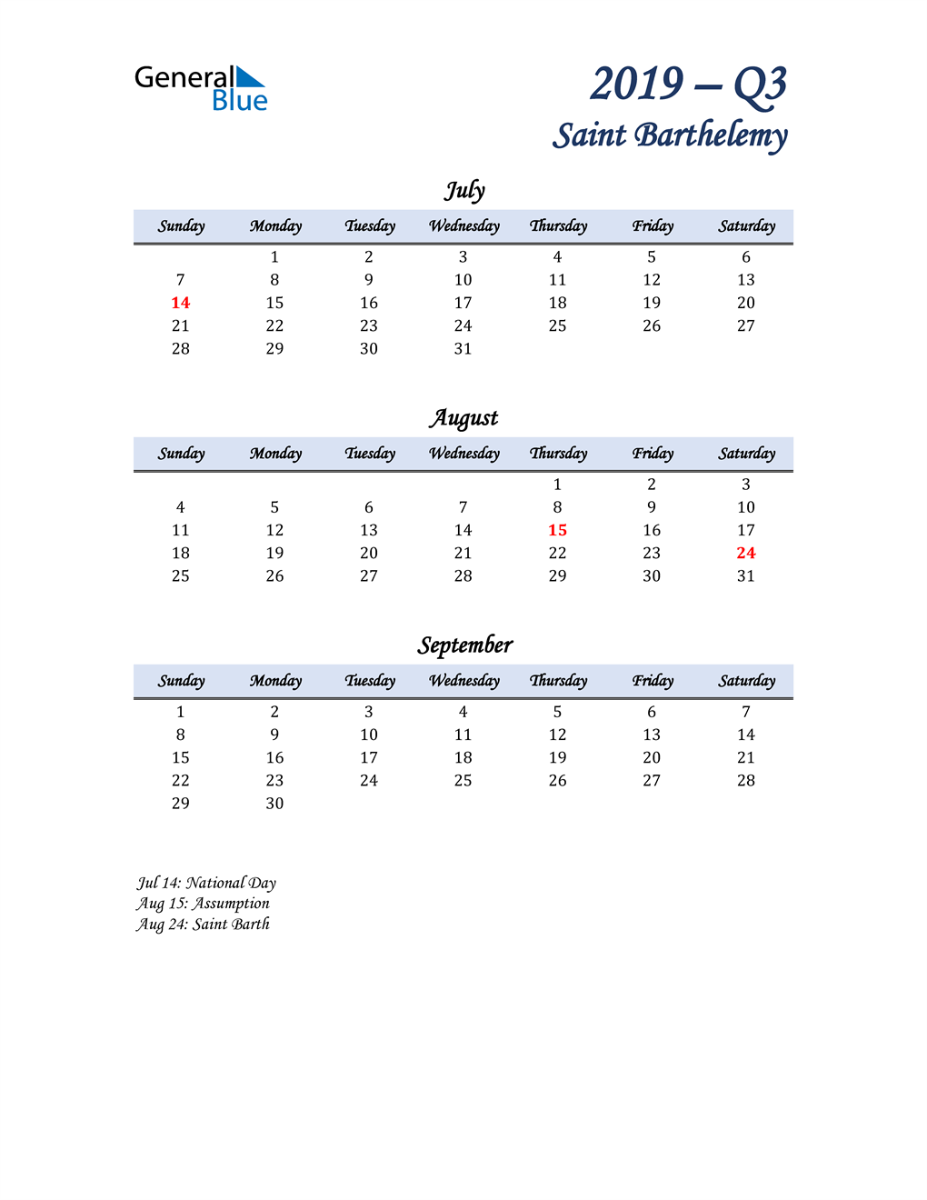  July, August, and September Calendar for Saint Barthelemy
