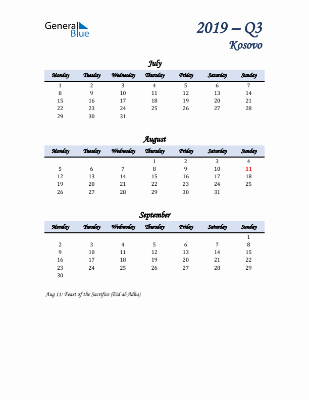 July, August, and September Calendar for Kosovo with Monday Start