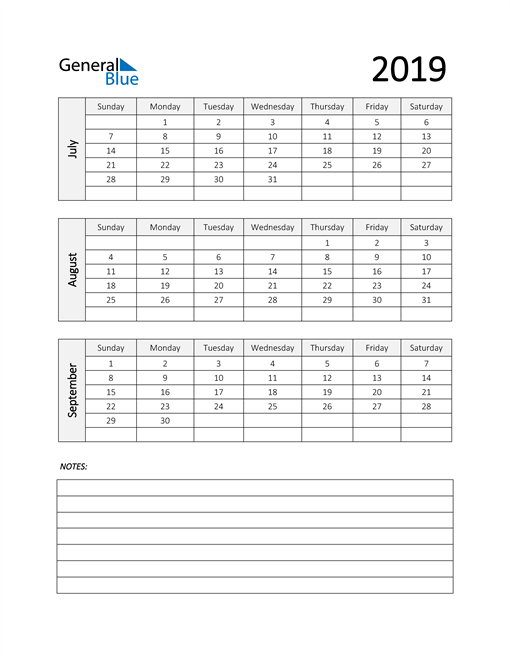  Q3 2019 Calendar with Notes