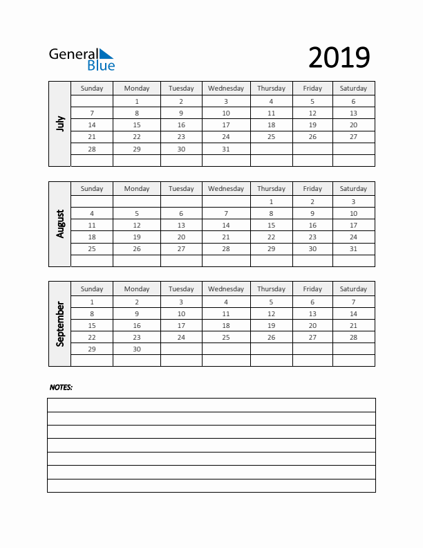 Q3 2019 Calendar with Notes