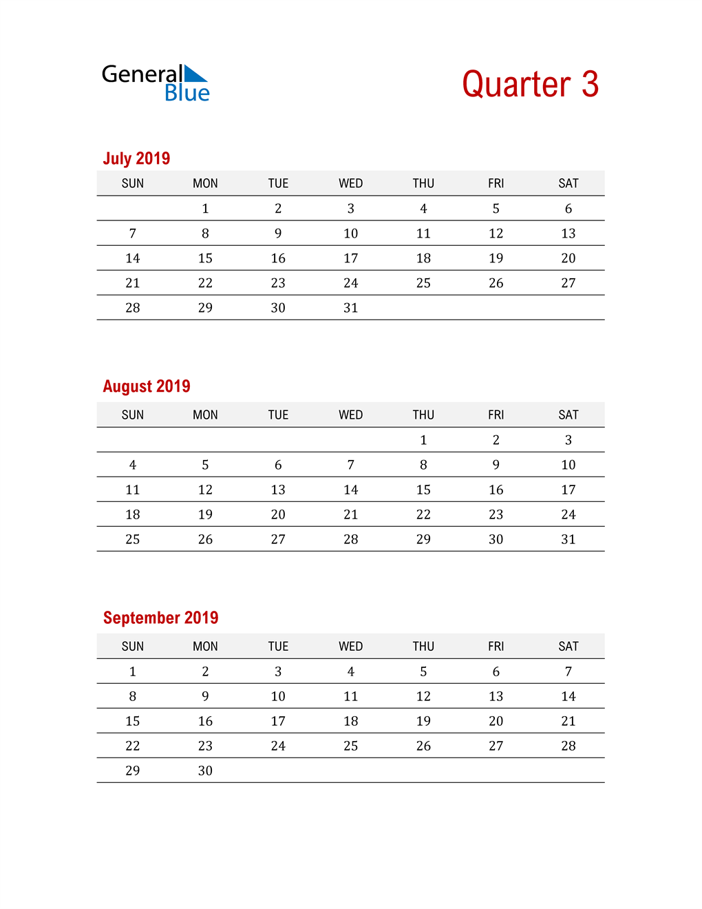  Three-Month Printable Calendar 2019