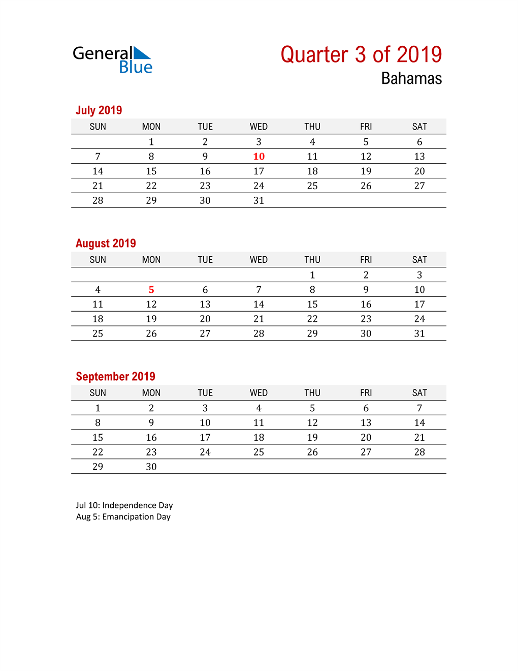  Printable Three Month Calendar for Bahamas