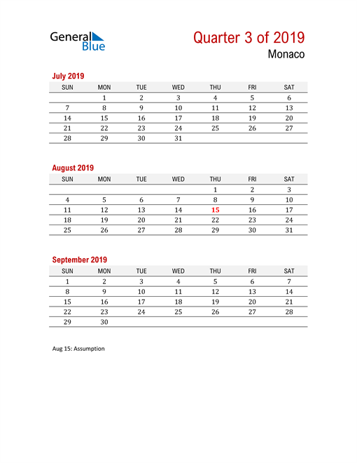  Printable Three Month Calendar for Monaco