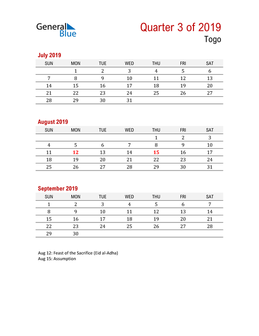  Printable Three Month Calendar for Togo