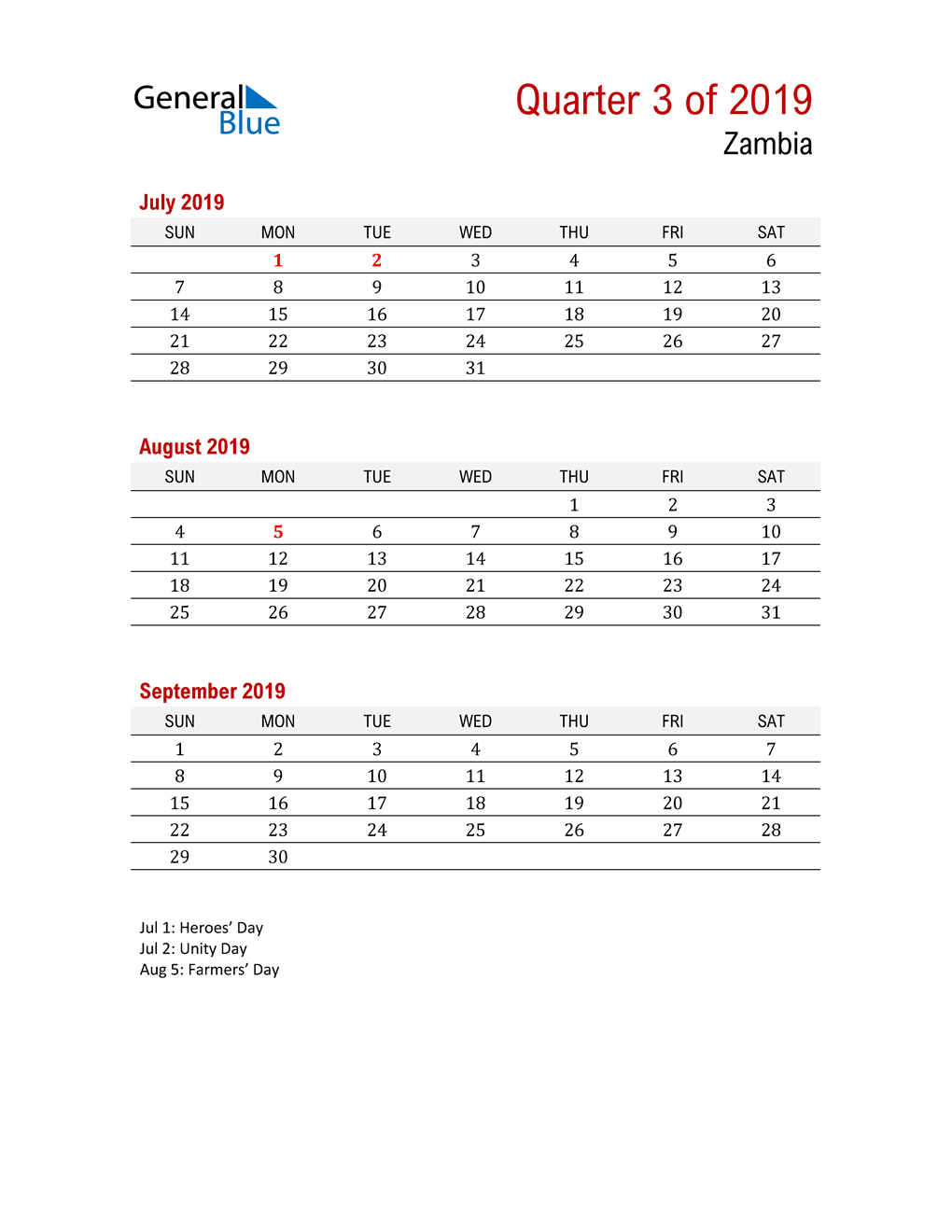  Printable Three Month Calendar for Zambia