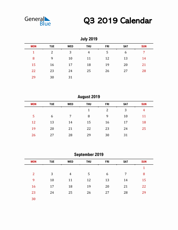 2019 Q3 Calendar with Red Weekend