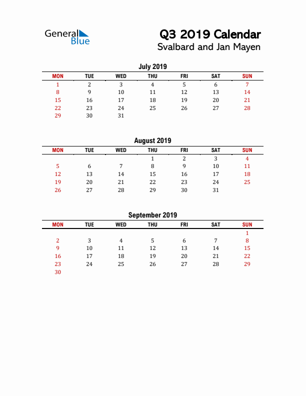 2019 Q3 Calendar with Holidays List for Svalbard and Jan Mayen