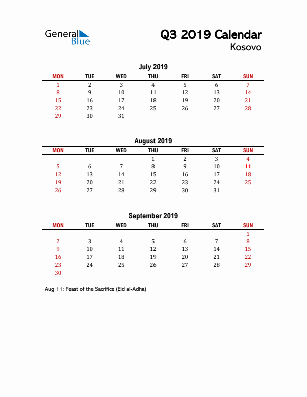 2019 Q3 Calendar with Holidays List for Kosovo