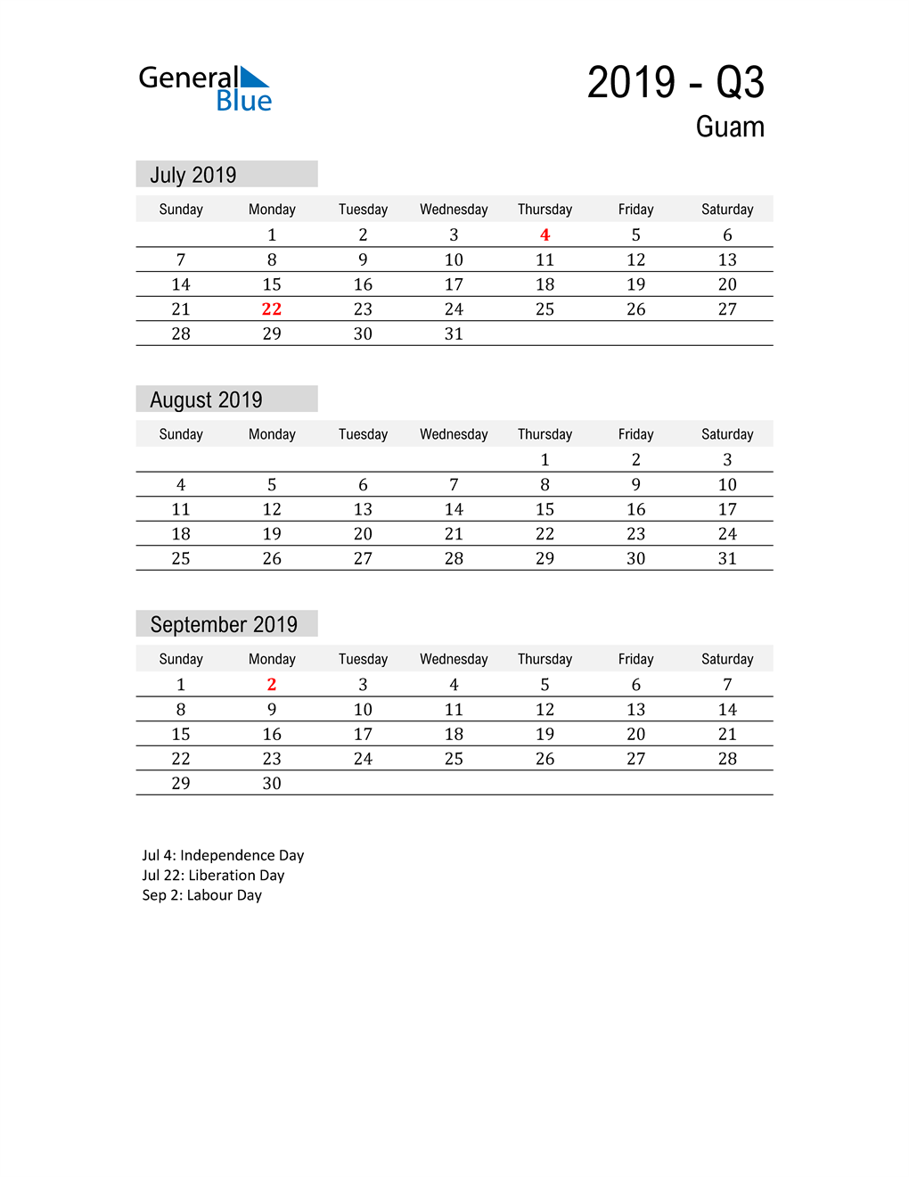  Guam Quarter 3 2019 Calendar