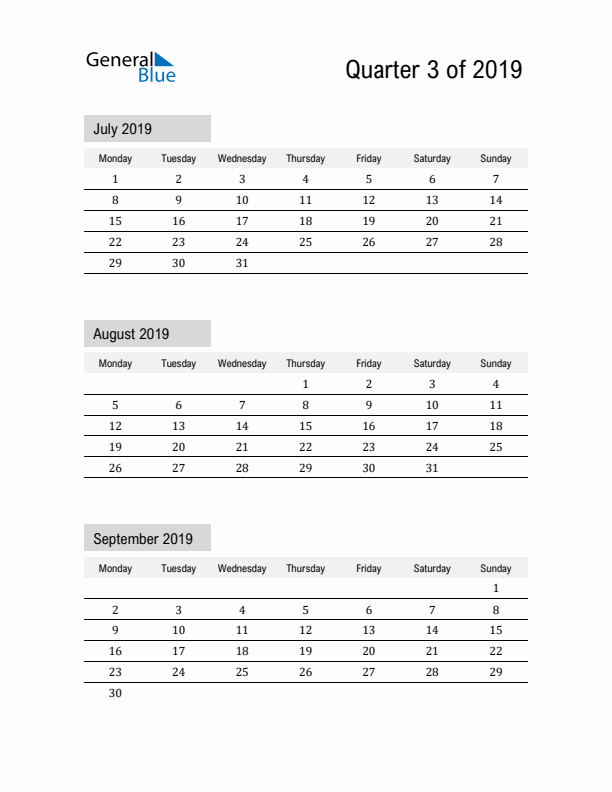 July, August, and September Calendar 2019