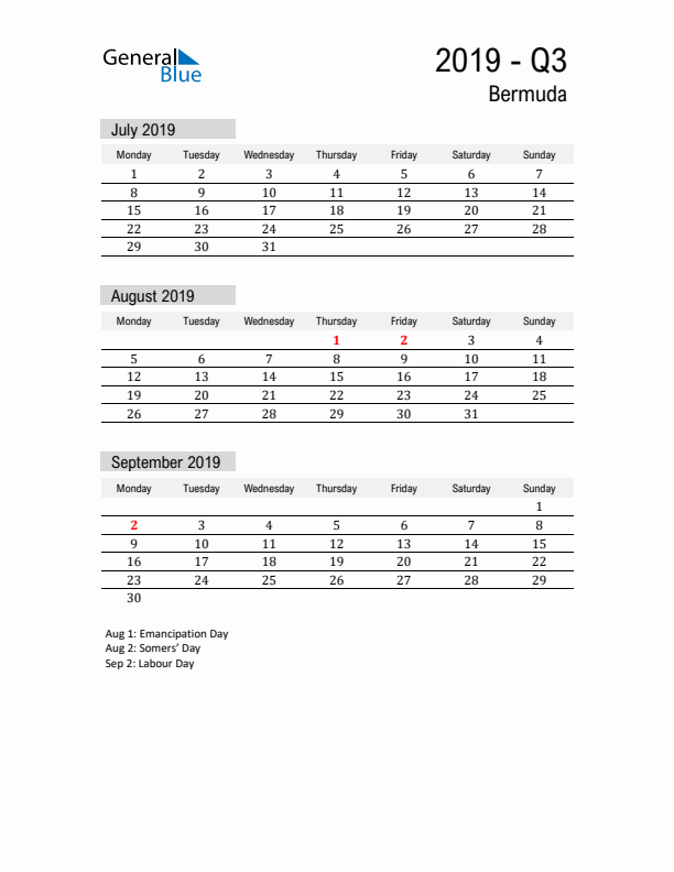 Bermuda Quarter 3 2019 Calendar with Holidays