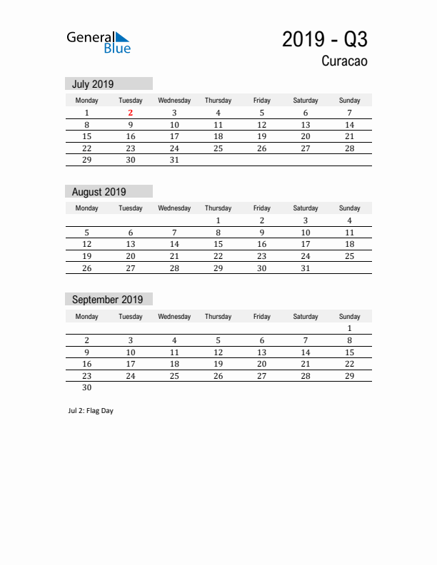 Curacao Quarter 3 2019 Calendar with Holidays