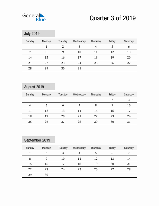 July, August, and September Calendar 2019