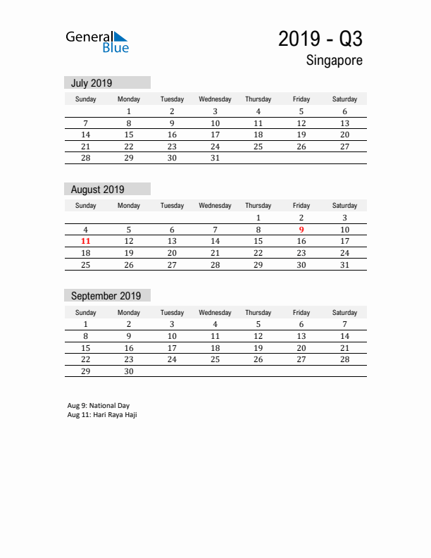 Singapore Quarter 3 2019 Calendar with Holidays