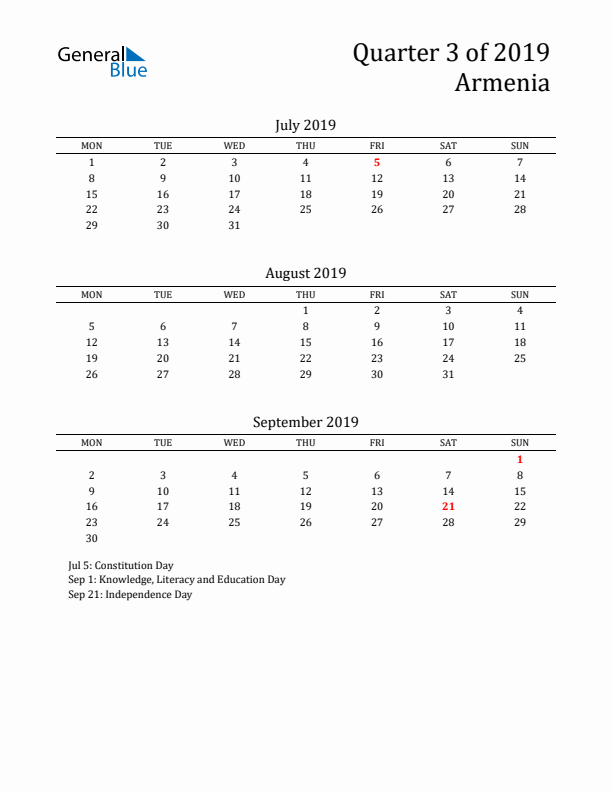 Quarter 3 2019 Armenia Quarterly Calendar