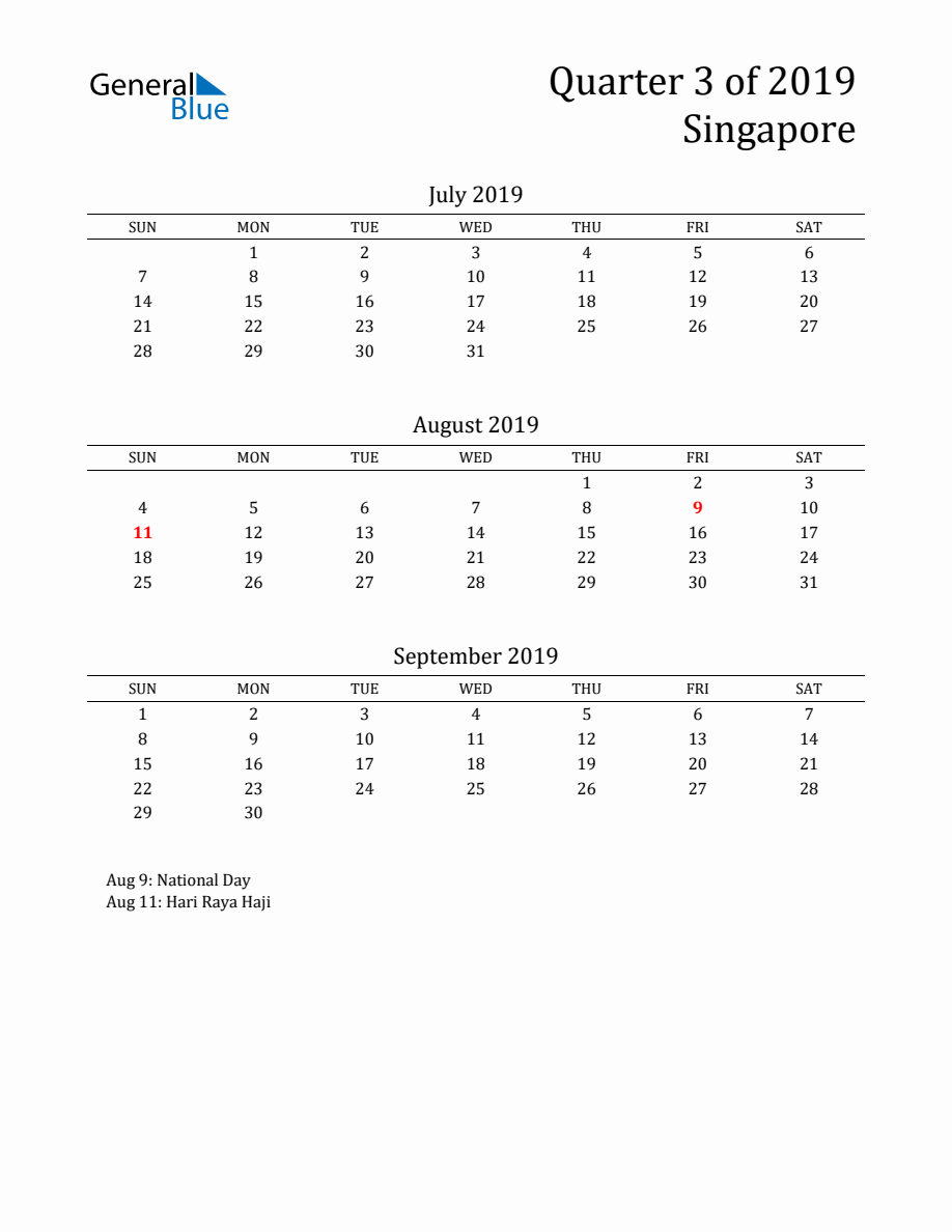 Quarter 3 2019 Singapore Quarterly Calendar