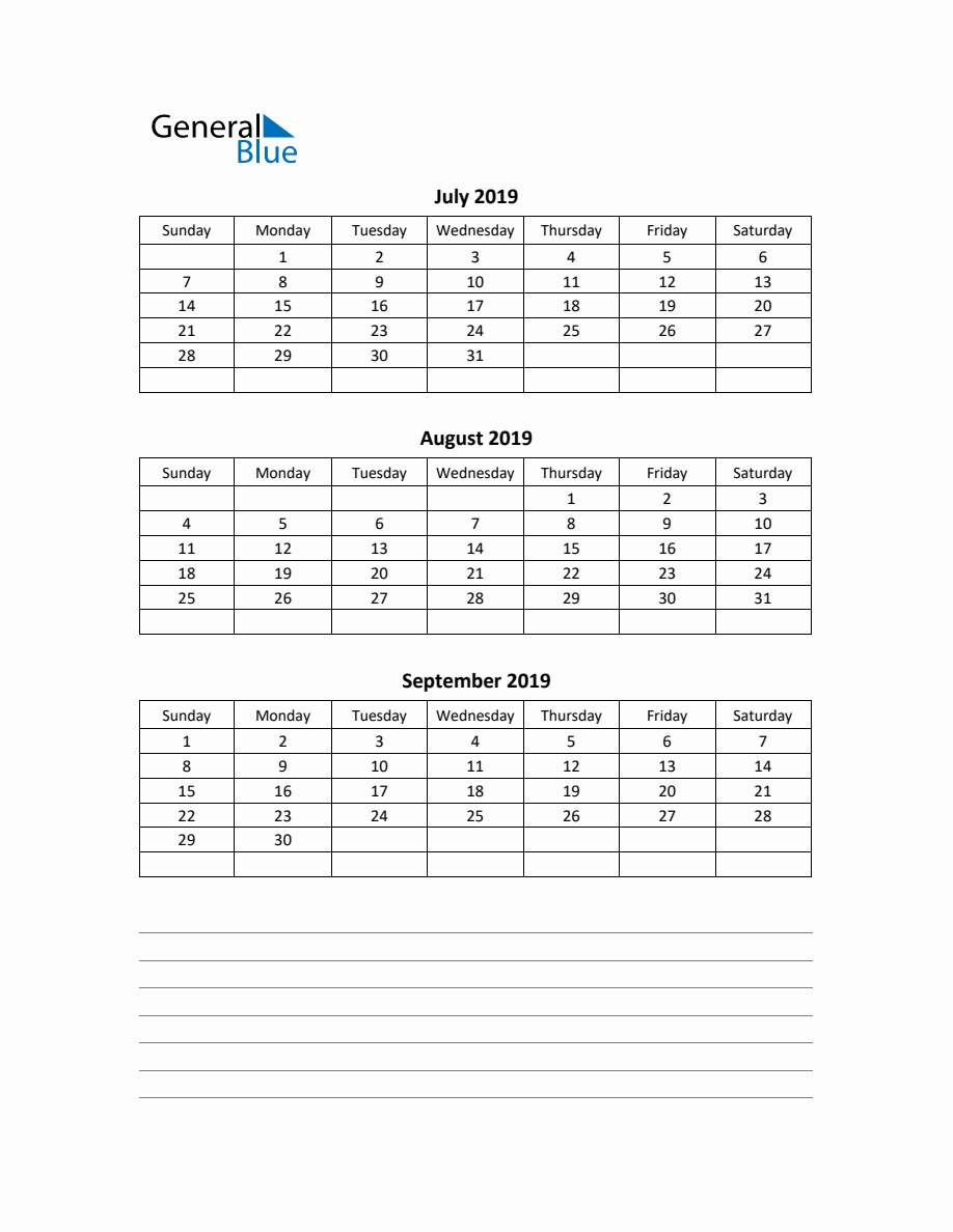 Free Printable Q3 Quarterly Calendar 2019