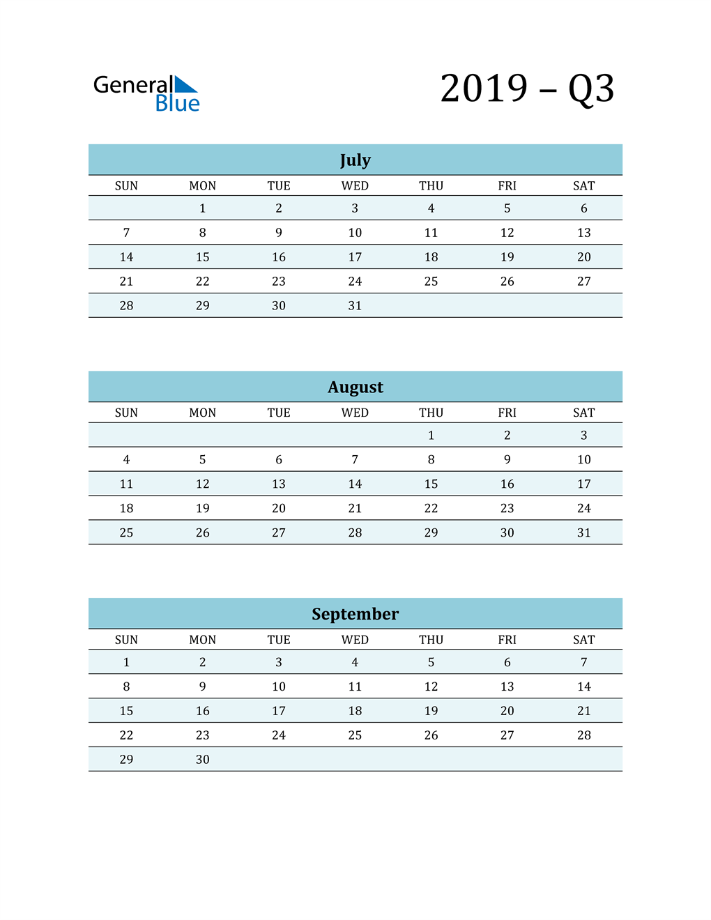  July, August, and September 2019 Calendar
