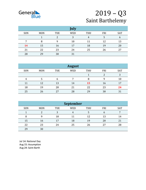  Three-Month Planner for Q3 2019 with Holidays