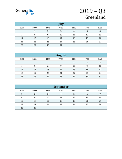  Three-Month Planner for Q3 2019 with Holidays