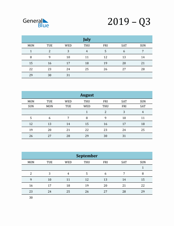 July, August, and September 2019 Calendar
