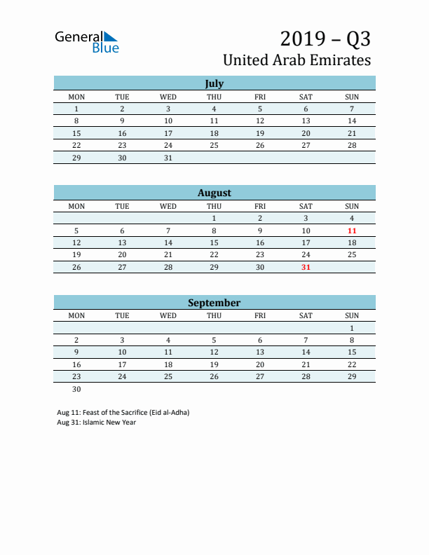 Three-Month Planner for Q3 2019 with Holidays - United Arab Emirates