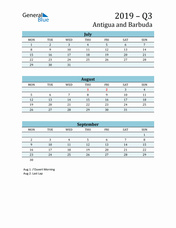 Three-Month Planner for Q3 2019 with Holidays - Antigua and Barbuda