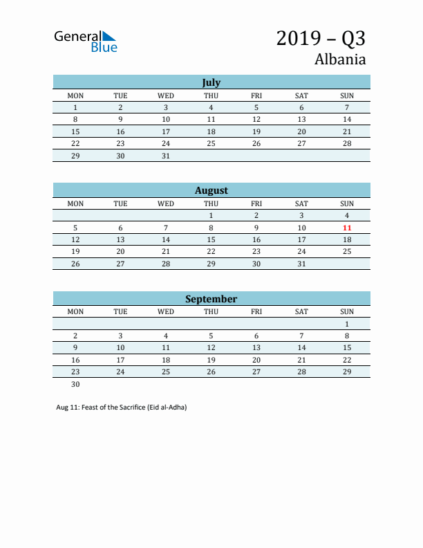 Three-Month Planner for Q3 2019 with Holidays - Albania