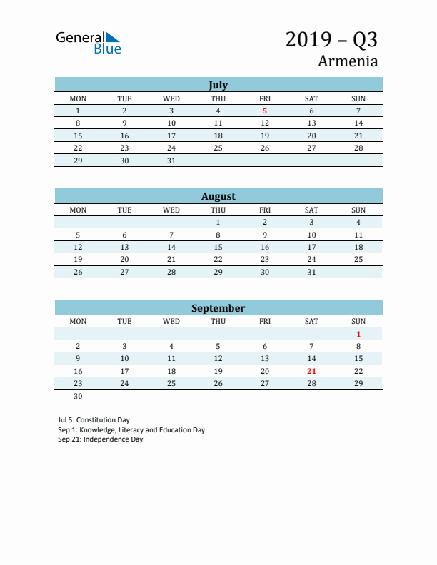 Three-Month Planner for Q3 2019 with Holidays - Armenia