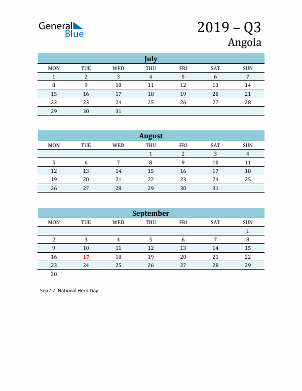 Three-Month Planner for Q3 2019 with Holidays - Angola
