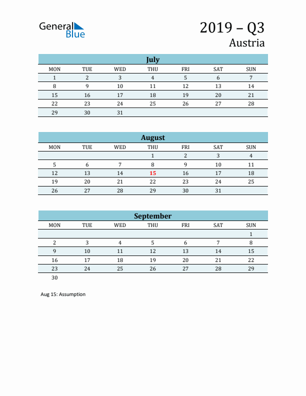 Three-Month Planner for Q3 2019 with Holidays - Austria