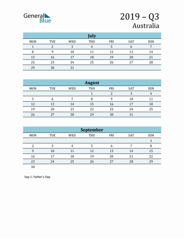 Three-Month Planner for Q3 2019 with Holidays - Australia