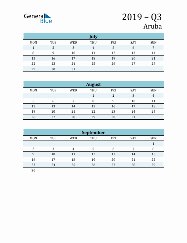 Three-Month Planner for Q3 2019 with Holidays - Aruba
